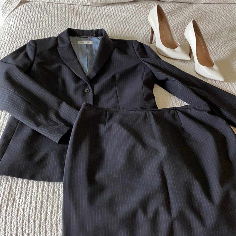 Calvin Klein blue pin stripe skirt suit